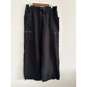DKNY Black Linen Blend Pants Large Elastic Waist Wide Leg Cargo Pockets Comfort